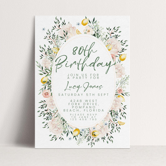Blush Floral 80th Birthday Invitation, Editable Milestone Birthday Invite, Rose and Greenery Party Template, Digital Download