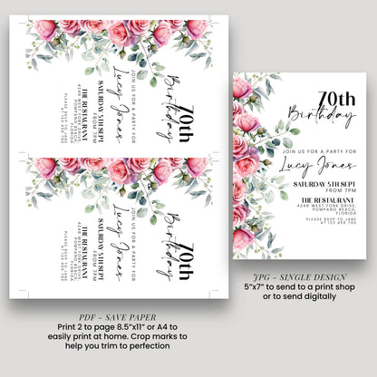 Floral Ladies 70th Birthday Invitation Pink Roses Flowers Birthday Party Invitation for Women Corjl Instant Download invite