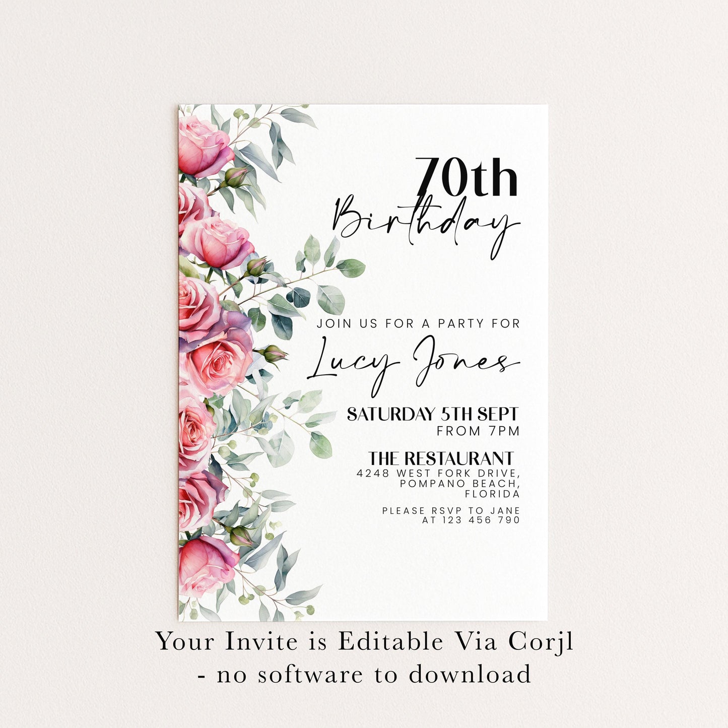 Floral Ladies 70th Birthday Invitation Pink Roses Flowers Birthday Party Invitation for Women Corjl Instant Download invite