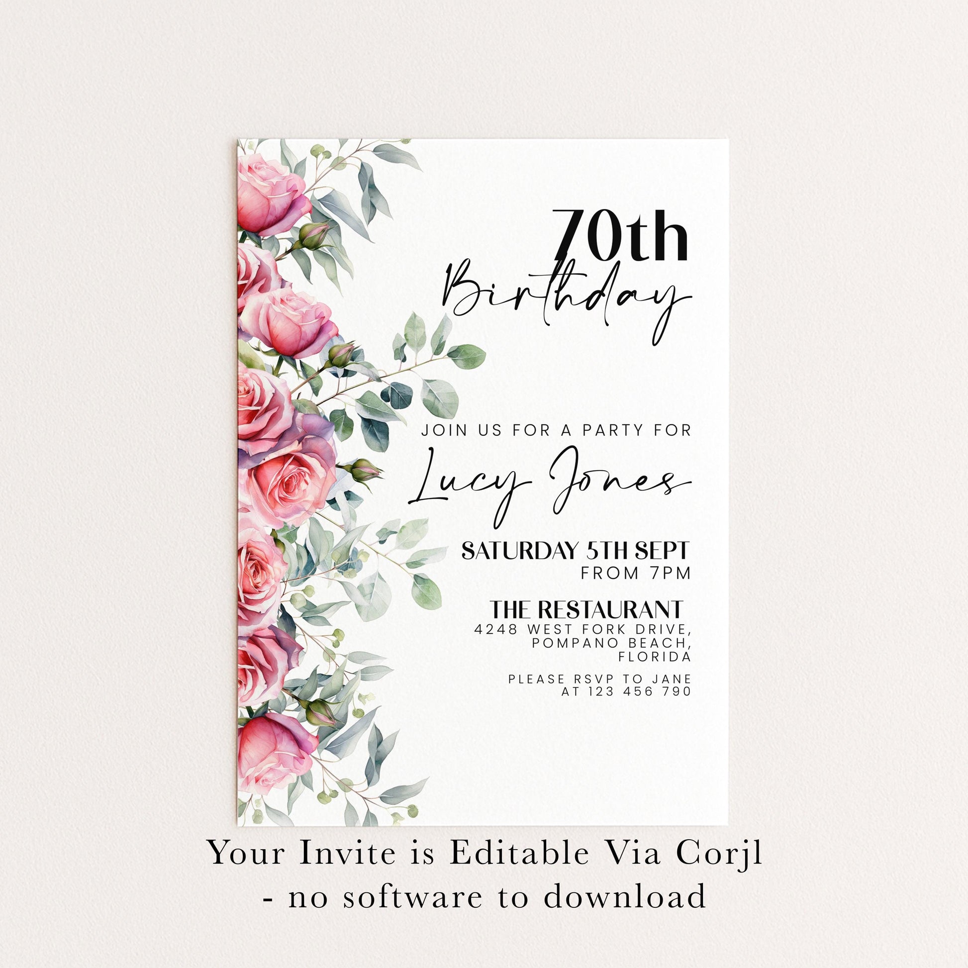 Floral Ladies 70th Birthday Invitation Pink Roses Flowers Birthday Party Invitation for Women Corjl Instant Download invite
