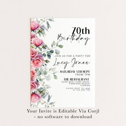 Floral Ladies 70th Birthday Invitation Pink Roses Flowers Birthday Party Invitation for Women Corjl Instant Download invite