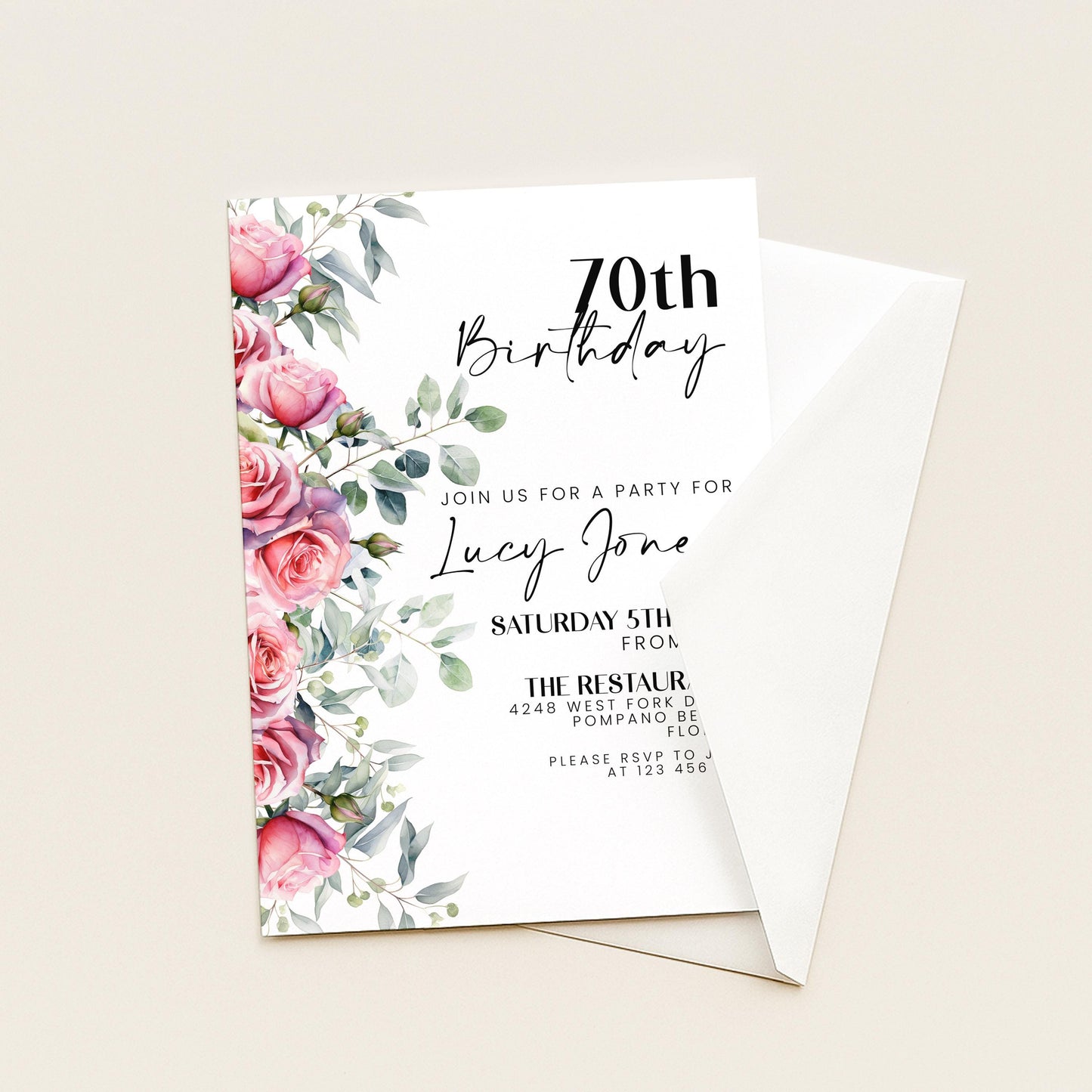 Floral Ladies 70th Birthday Invitation Pink Roses Flowers Birthday Party Invitation for Women Corjl Instant Download invite