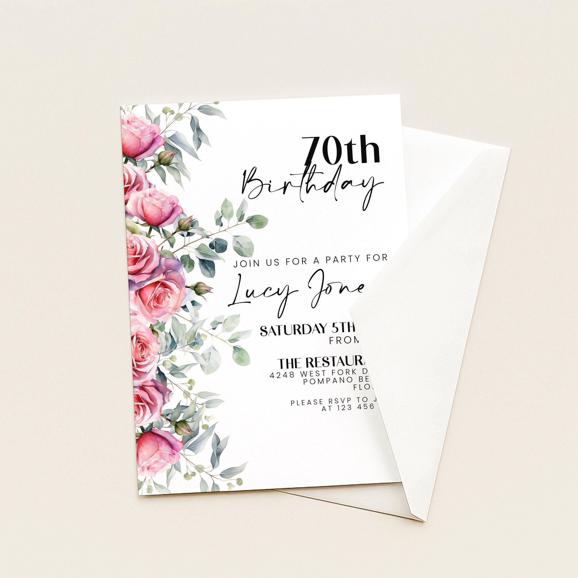 Floral Ladies 70th Birthday Invitation Pink Roses Flowers Birthday Party Invitation for Women Corjl Instant Download invite