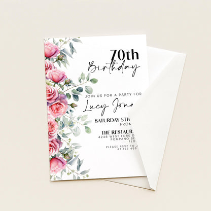 Floral Ladies 70th Birthday Invitation Pink Roses Flowers Birthday Party Invitation for Women Corjl Instant Download invite