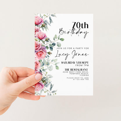 Floral Ladies 70th Birthday Invitation Pink Roses Flowers Birthday Party Invitation for Women Corjl Instant Download invite