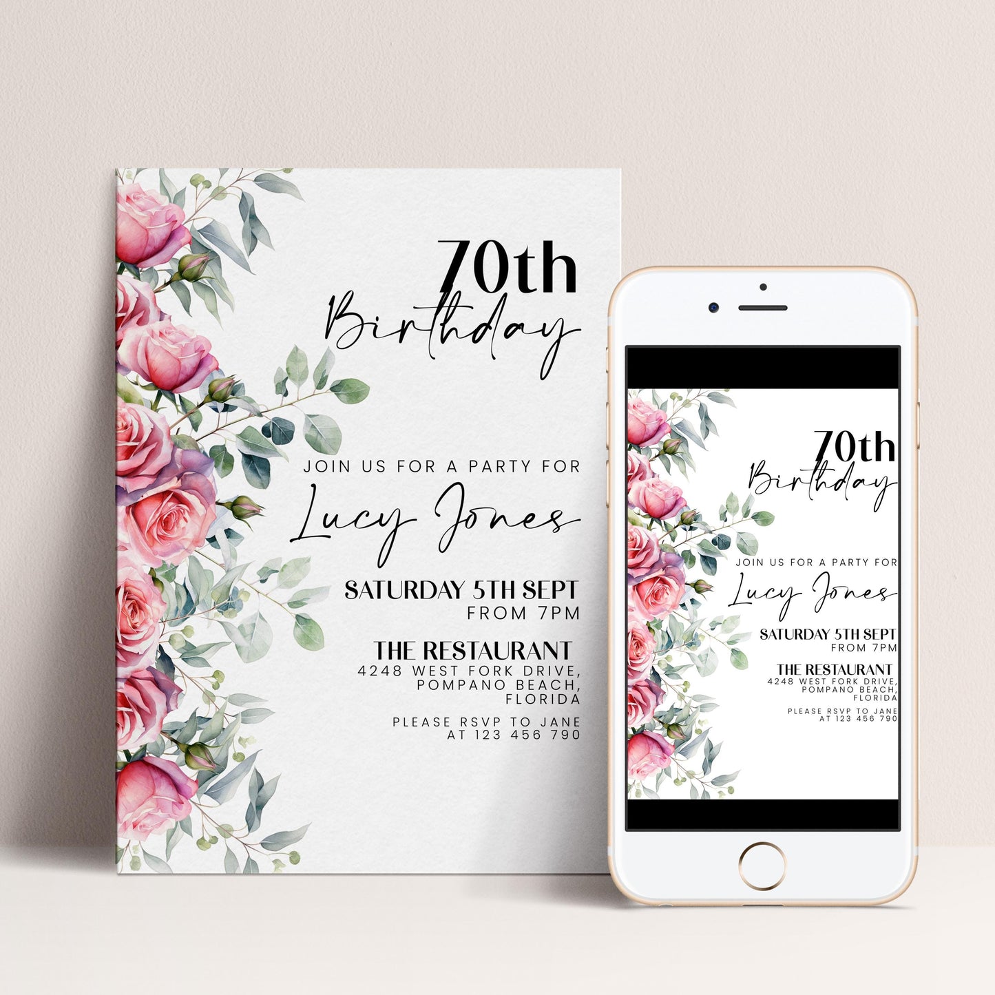 Floral Ladies 70th Birthday Invitation Pink Roses Flowers Birthday Party Invitation for Women Corjl Instant Download invite