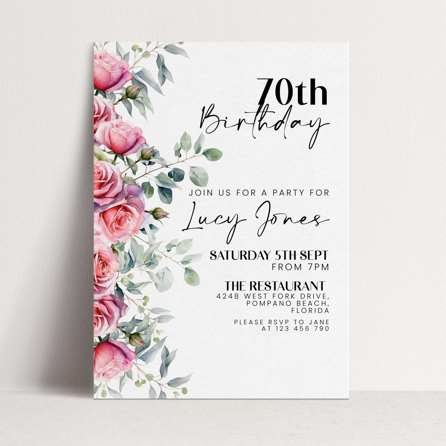 Floral Ladies 70th Birthday Invitation Pink Roses Flowers Birthday Party Invitation for Women Corjl Instant Download invite