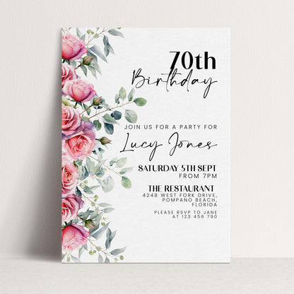 Floral Ladies 70th Birthday Invitation Pink Roses Flowers Birthday Party Invitation for Women Corjl Instant Download invite