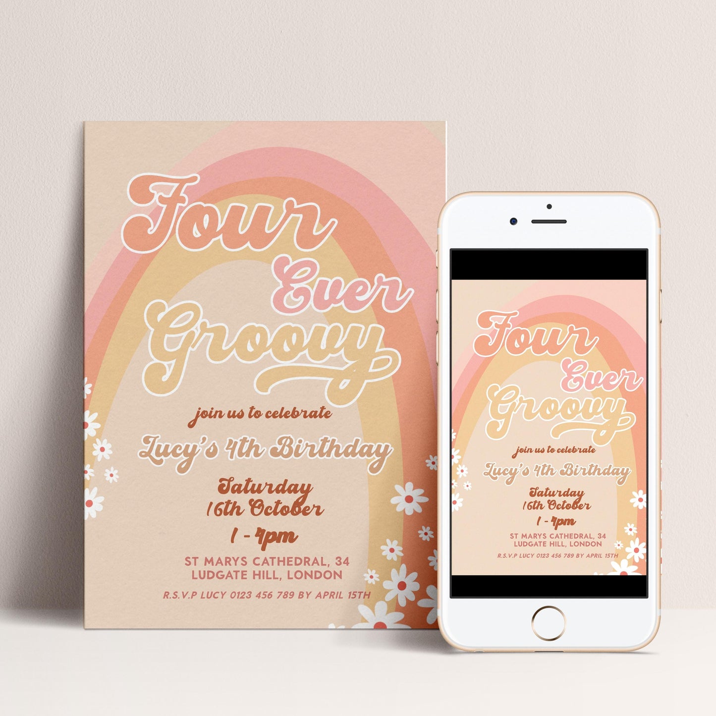Four Ever Groovy Birthday Invitation Template, Editable Digital Invite for 4th Birthday Party, Printable Retro Design Digital Download GR78