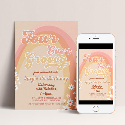 Four Ever Groovy Birthday Invitation Template, Editable Digital Invite for 4th Birthday Party, Printable Retro Design Digital Download GR78