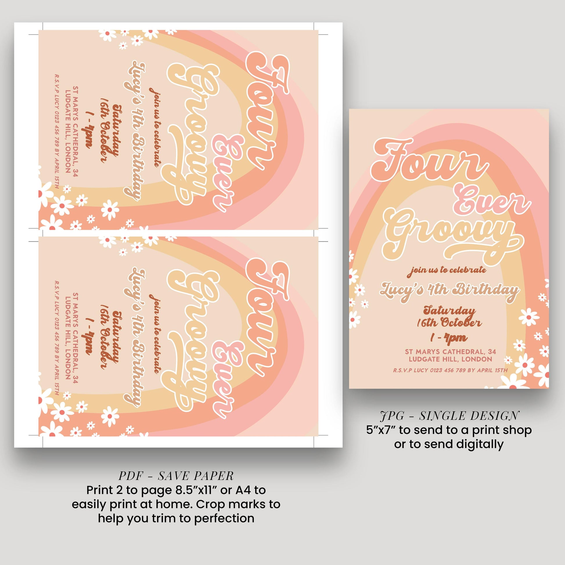 Four Ever Groovy Birthday Invitation Template, Editable Digital Invite for 4th Birthday Party, Printable Retro Design Digital Download GR78