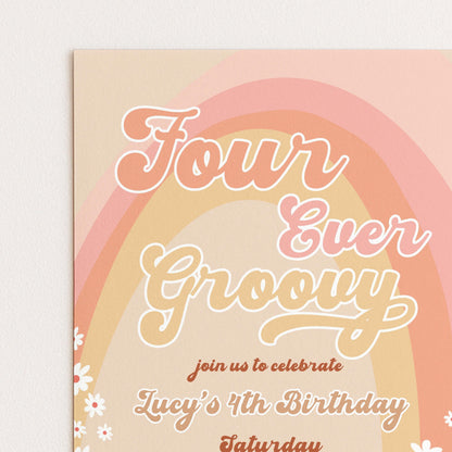 Four Ever Groovy Birthday Invitation Template, Editable Digital Invite for 4th Birthday Party, Printable Retro Design Digital Download GR78