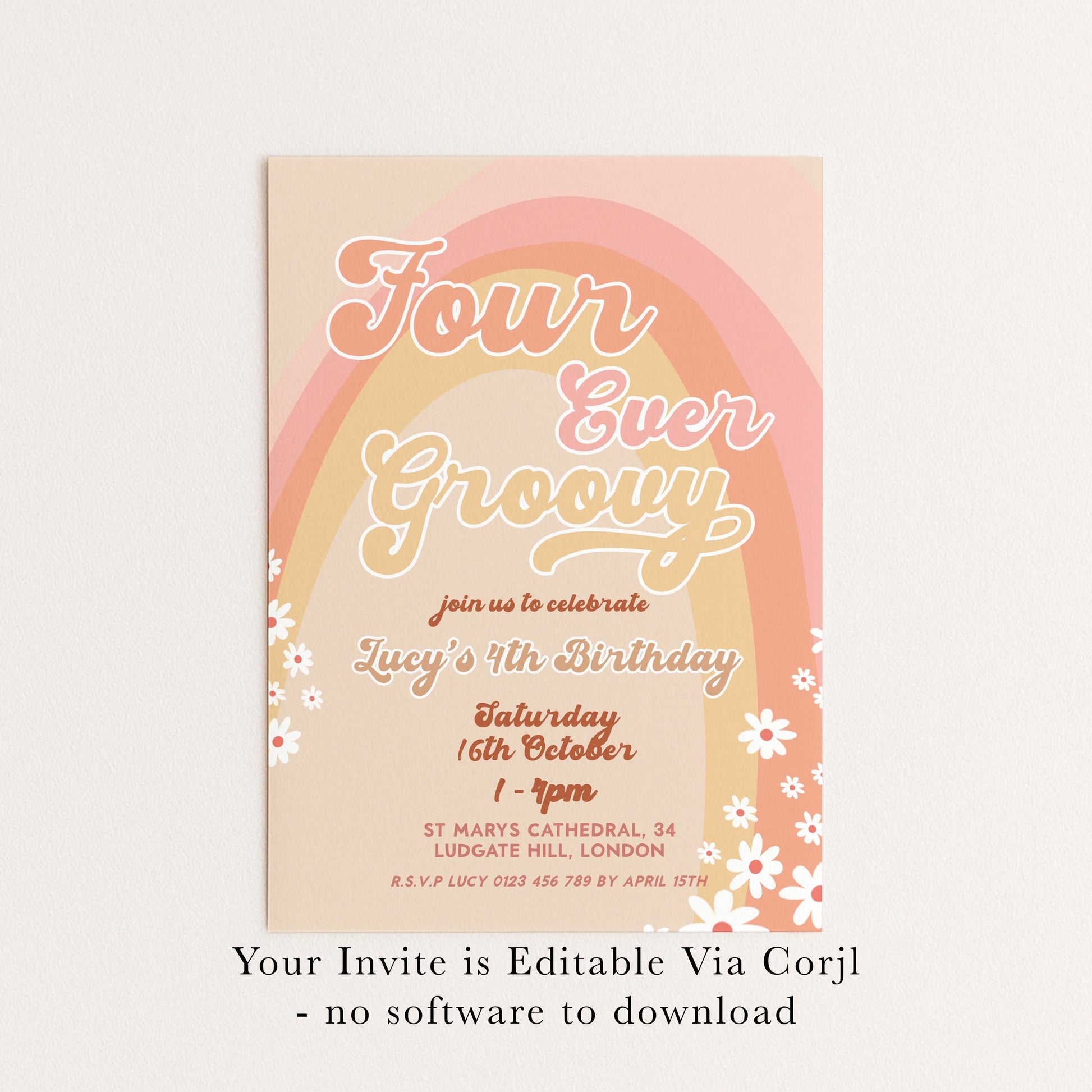 Four Ever Groovy Birthday Invitation Template, Editable Digital Invite for 4th Birthday Party, Printable Retro Design Digital Download GR78