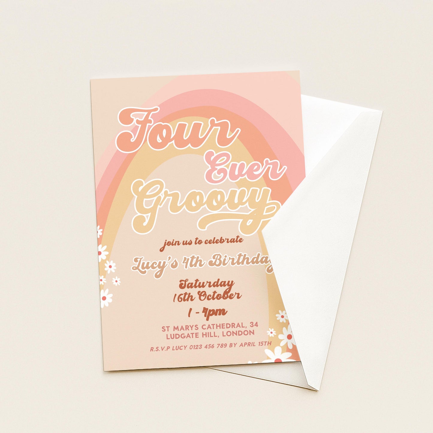 Four Ever Groovy Birthday Invitation Template, Editable Digital Invite for 4th Birthday Party, Printable Retro Design Digital Download GR78