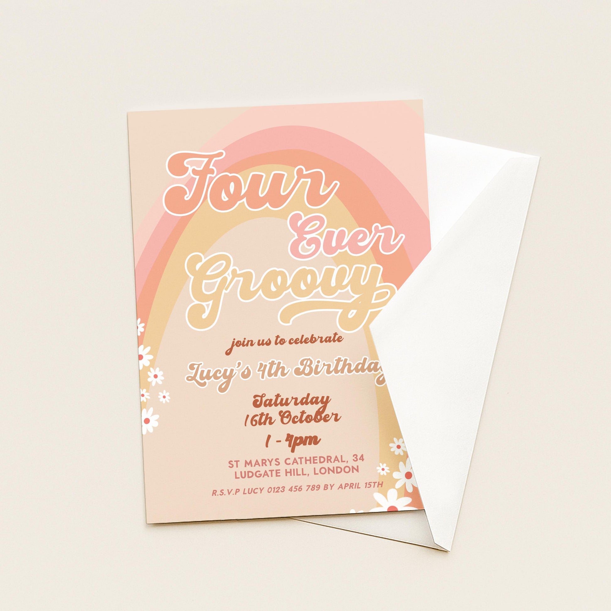 Four Ever Groovy Birthday Invitation Template, Editable Digital Invite for 4th Birthday Party, Printable Retro Design Digital Download GR78