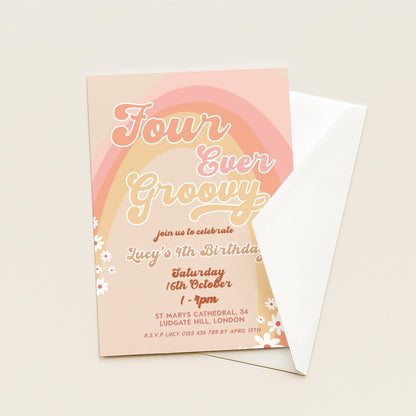Four Ever Groovy Birthday Invitation Template, Editable Digital Invite for 4th Birthday Party, Printable Retro Design Digital Download GR78
