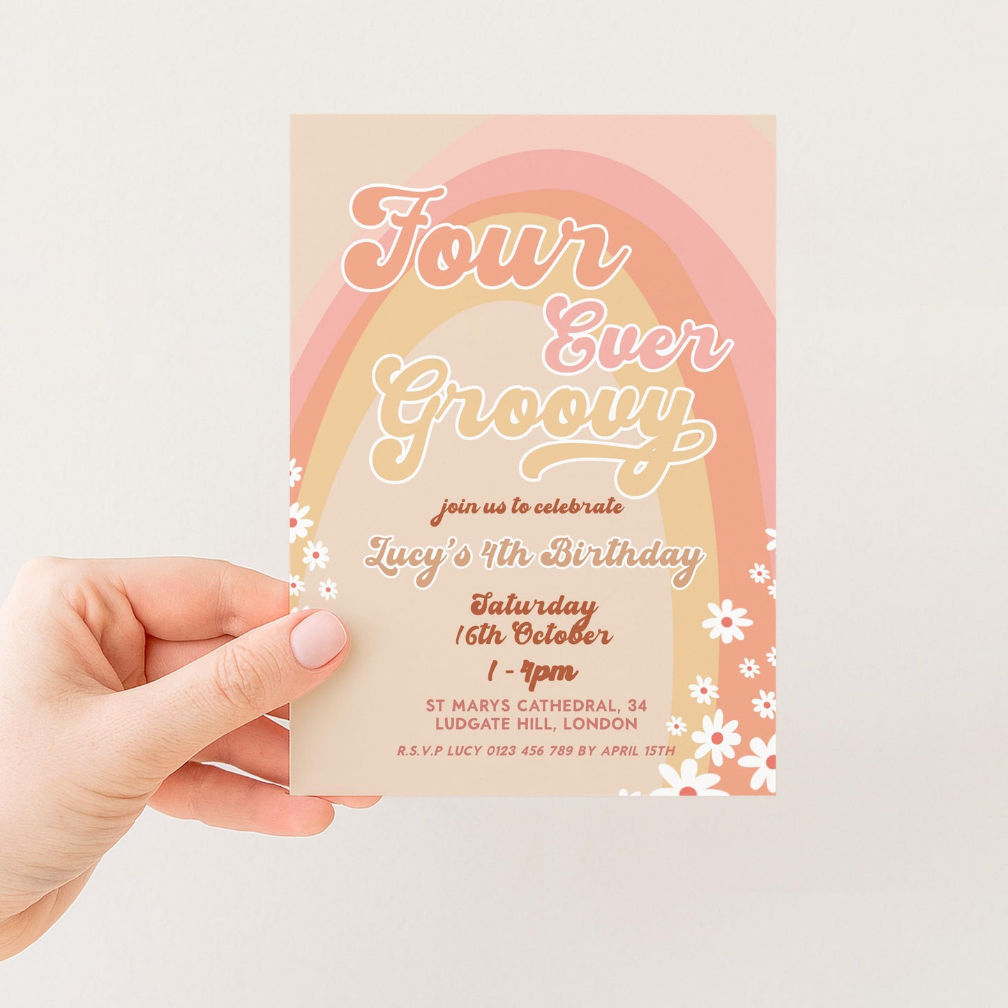 Four Ever Groovy Birthday Invitation Template, Editable Digital Invite for 4th Birthday Party, Printable Retro Design Digital Download GR78