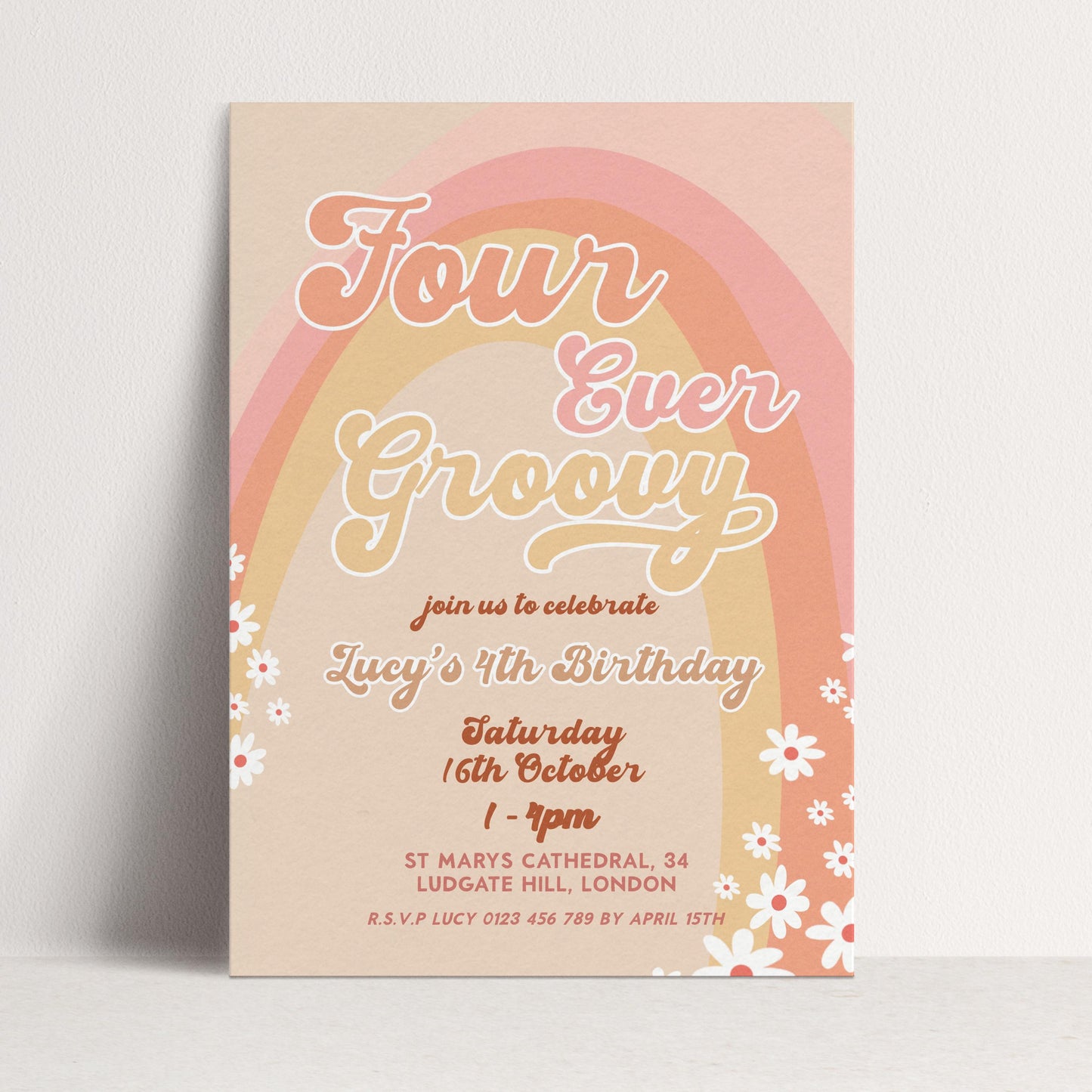 Four Ever Groovy Birthday Invitation Template, Editable Digital Invite for 4th Birthday Party, Printable Retro Design Digital Download GR78