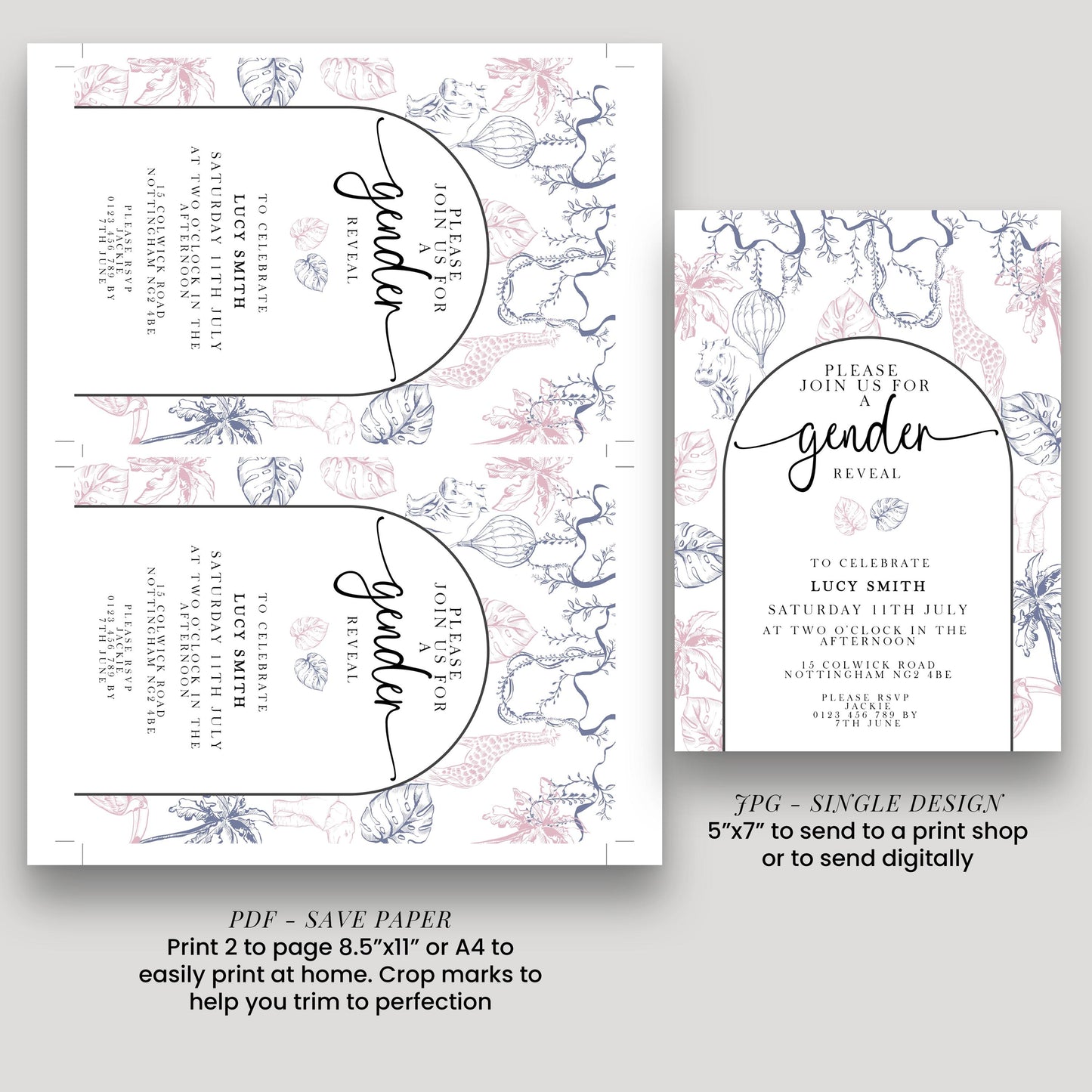 Gender Reveal Invitation Safari Theme, Editable Jungle Gender Reveal Party Invite, Pink and Blue Corjl Template, Instant Download PT20
