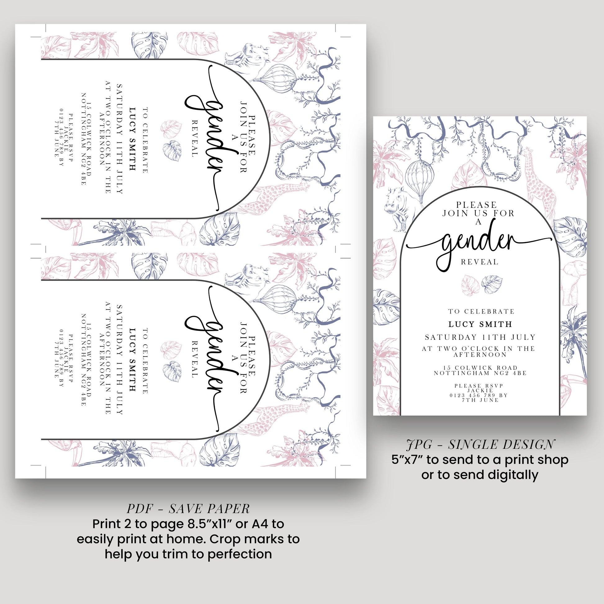 Gender Reveal Invitation Safari Theme, Editable Jungle Gender Reveal Party Invite, Pink and Blue Corjl Template, Instant Download PT20