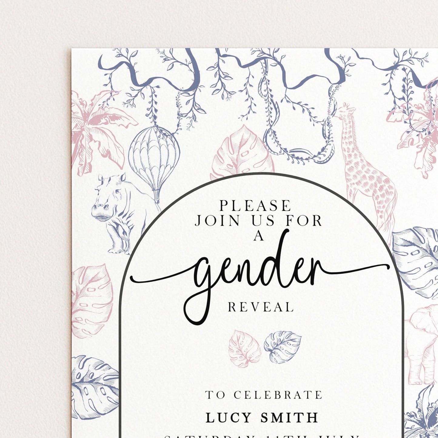 Gender Reveal Invitation Safari Theme, Editable Jungle Gender Reveal Party Invite, Pink and Blue Corjl Template, Instant Download PT20