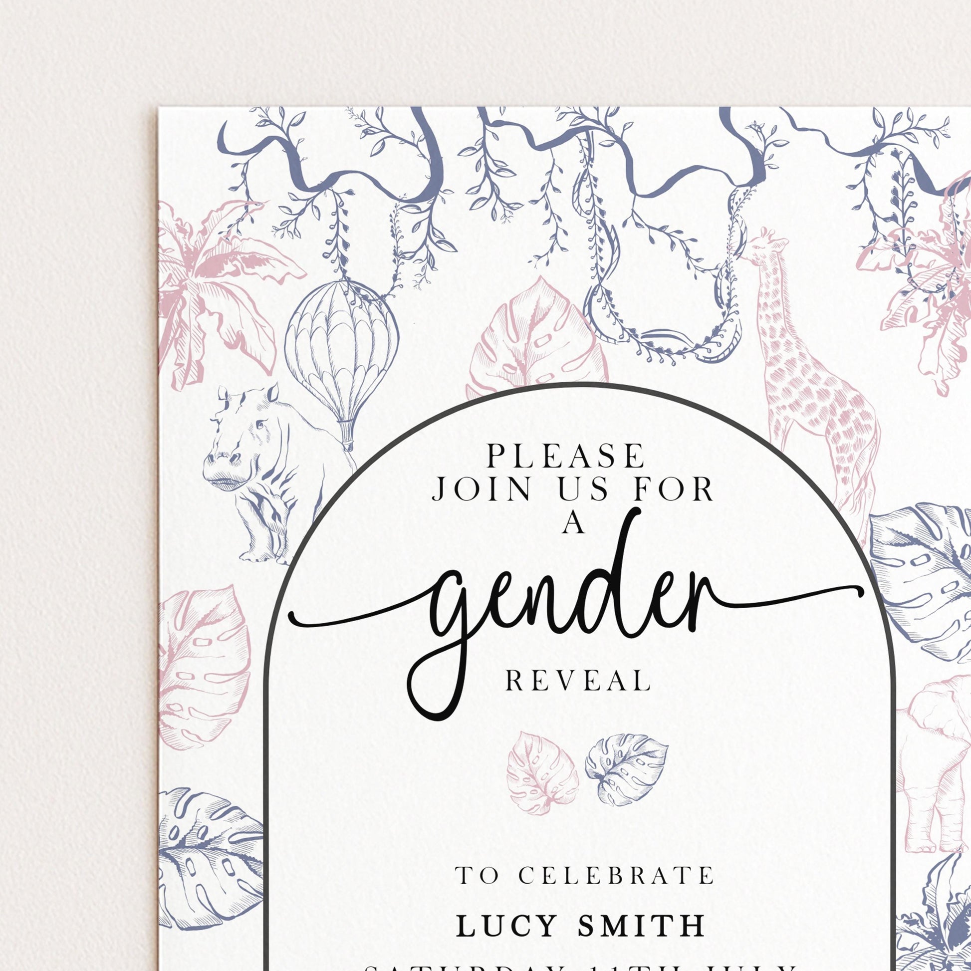 Gender Reveal Invitation Safari Theme, Editable Jungle Gender Reveal Party Invite, Pink and Blue Corjl Template, Instant Download PT20