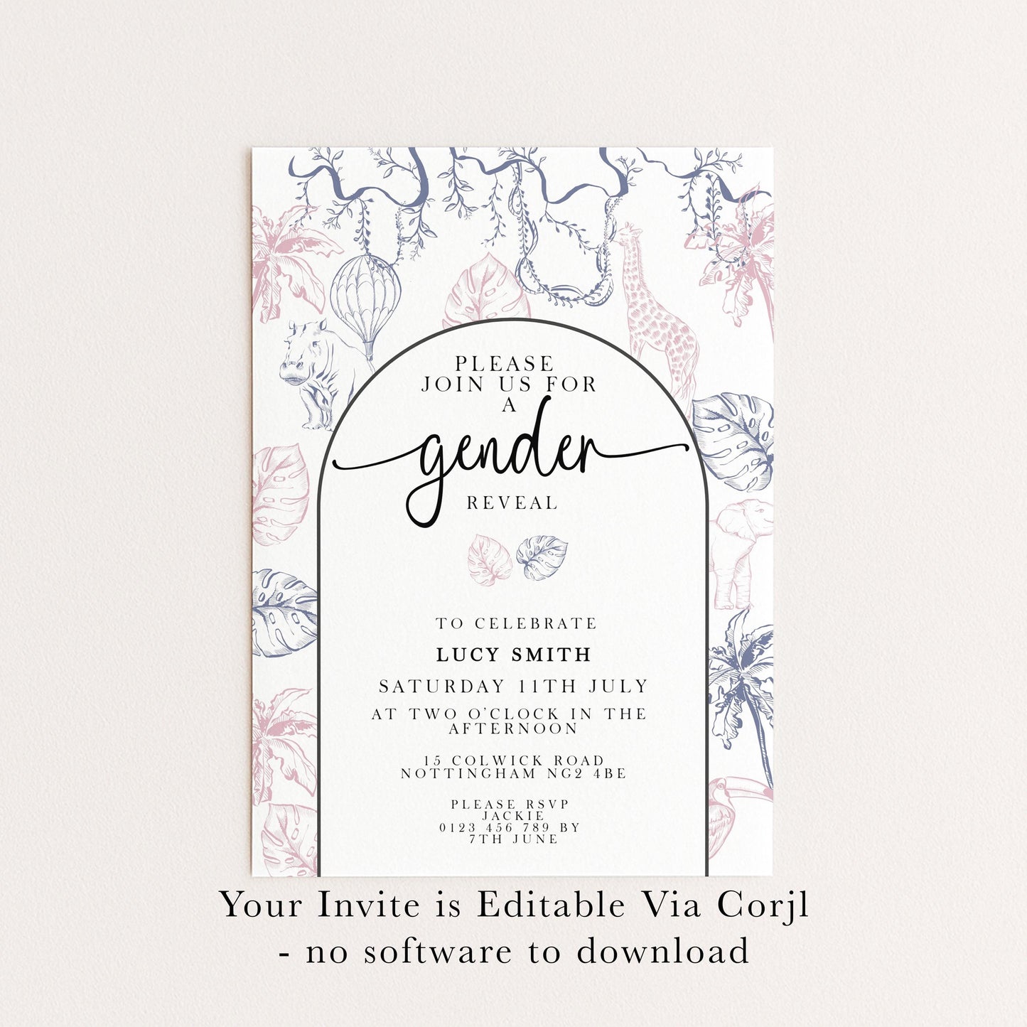 Gender Reveal Invitation Safari Theme, Editable Jungle Gender Reveal Party Invite, Pink and Blue Corjl Template, Instant Download PT20