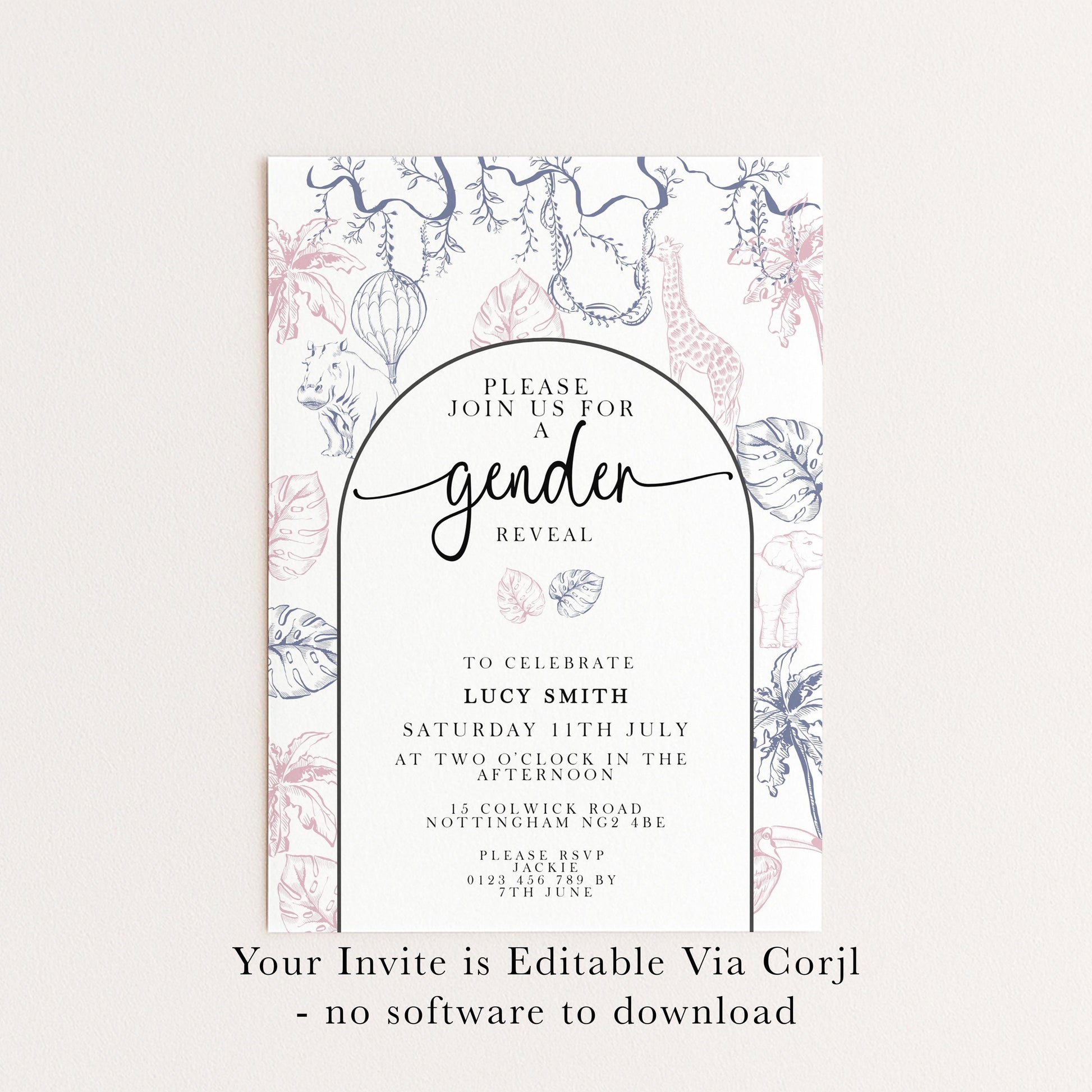 Gender Reveal Invitation Safari Theme, Editable Jungle Gender Reveal Party Invite, Pink and Blue Corjl Template, Instant Download PT20