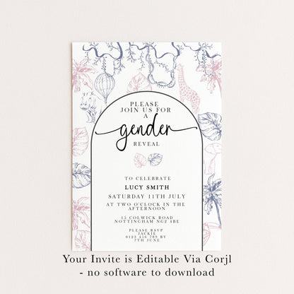 Gender Reveal Invitation Safari Theme, Editable Jungle Gender Reveal Party Invite, Pink and Blue Corjl Template, Instant Download PT20