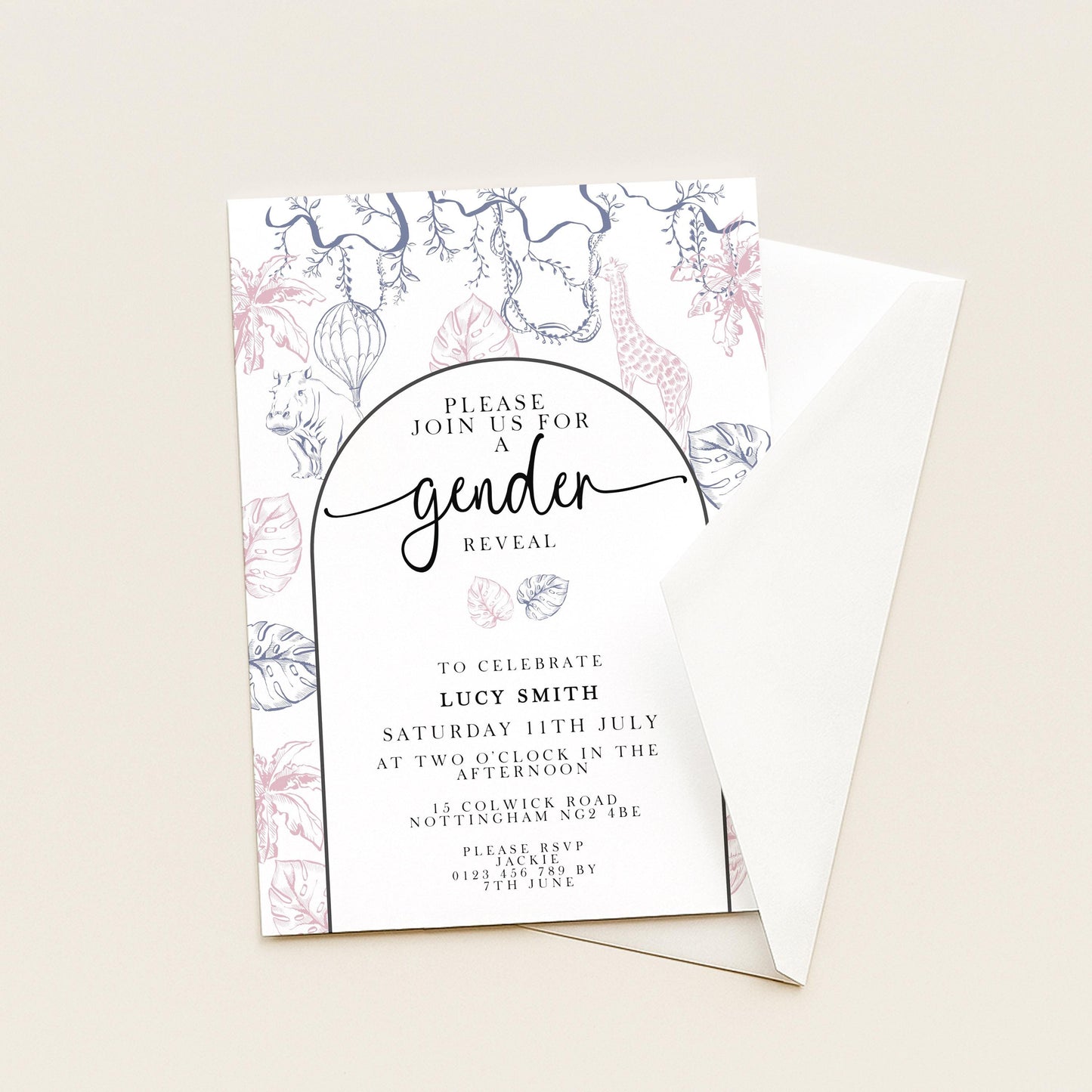 Gender Reveal Invitation Safari Theme, Editable Jungle Gender Reveal Party Invite, Pink and Blue Corjl Template, Instant Download PT20