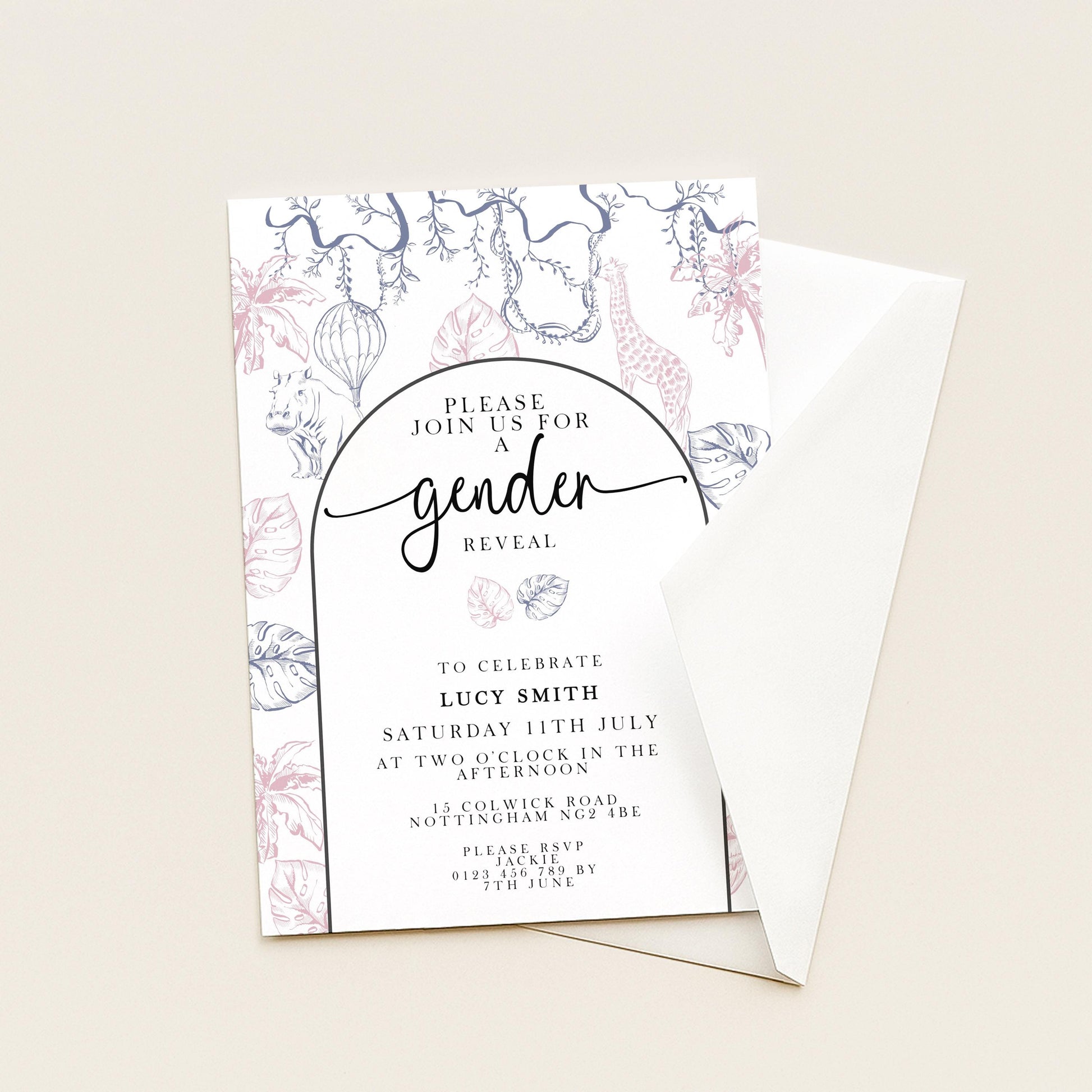 Gender Reveal Invitation Safari Theme, Editable Jungle Gender Reveal Party Invite, Pink and Blue Corjl Template, Instant Download PT20