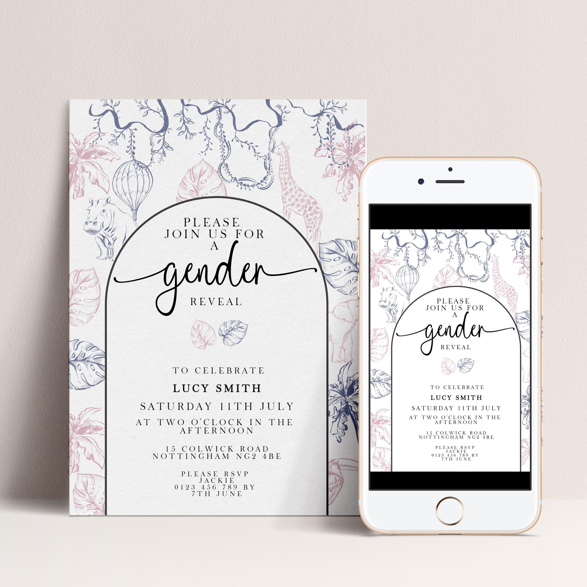Gender Reveal Invitation Safari Theme, Editable Jungle Gender Reveal Party Invite, Pink and Blue Corjl Template, Instant Download PT20