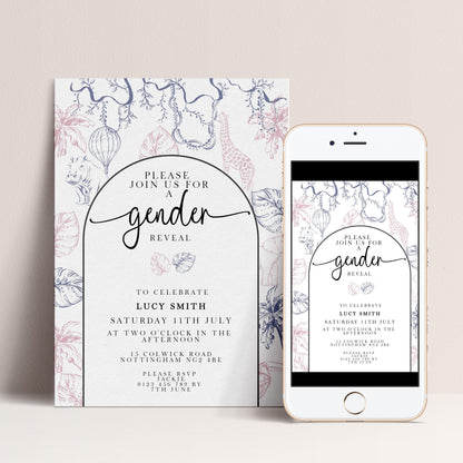 Gender Reveal Invitation Safari Theme, Editable Jungle Gender Reveal Party Invite, Pink and Blue Corjl Template, Instant Download PT20