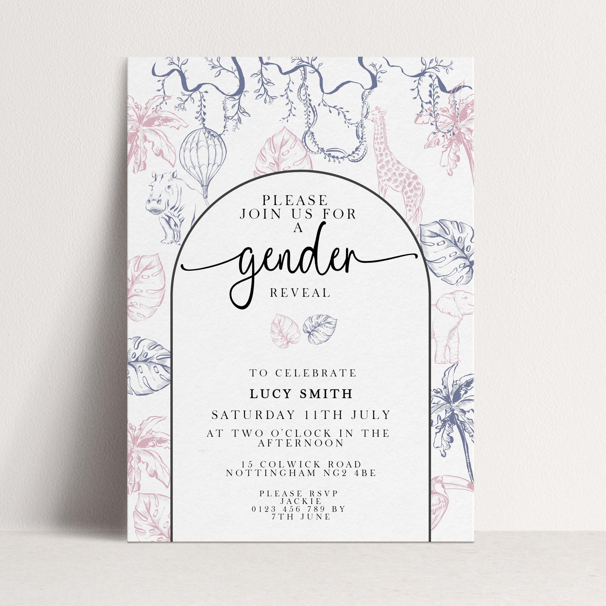 Gender Reveal Invitation Safari Theme, Editable Jungle Gender Reveal Party Invite, Pink and Blue Corjl Template, Instant Download PT20