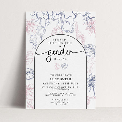Gender Reveal Invitation Safari Theme, Editable Jungle Gender Reveal Party Invite, Pink and Blue Corjl Template, Instant Download PT20