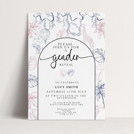 Gender Reveal Invitation Safari Theme, Editable Jungle Gender Reveal Party Invite, Pink and Blue Corjl Template, Instant Download PT20
