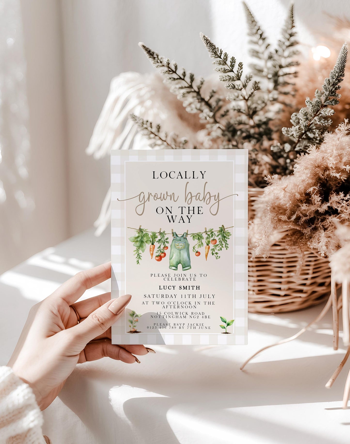 Gingham Garden Baby Shower Invitation, Veggie Theme (Printable Corjl Template)