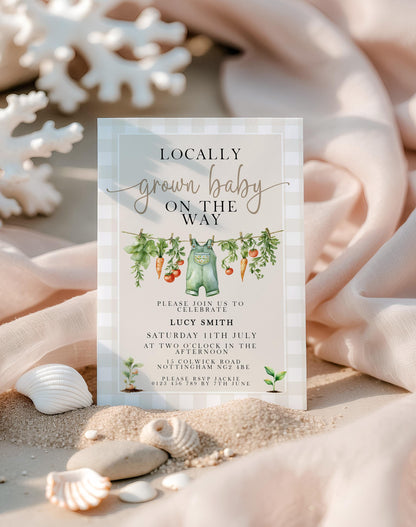 Gingham Garden Baby Shower Invitation, Veggie Theme (Printable Corjl Template)
