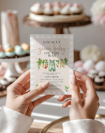 Gingham Garden Baby Shower Invitation, Veggie Theme (Printable Corjl Template)