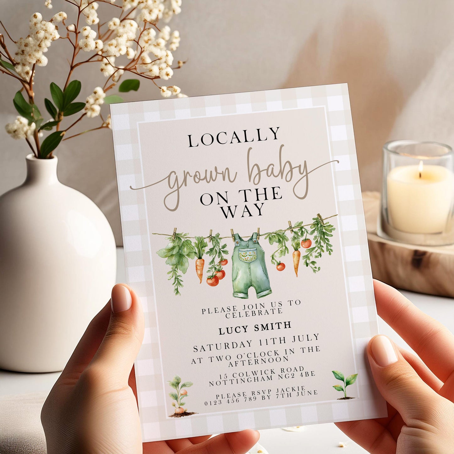 Gingham Garden Baby Shower Invitation, Veggie Theme (Printable Corjl Template)