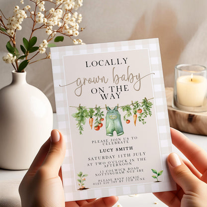 Gingham Garden Baby Shower Invitation, Veggie Theme (Printable Corjl Template)