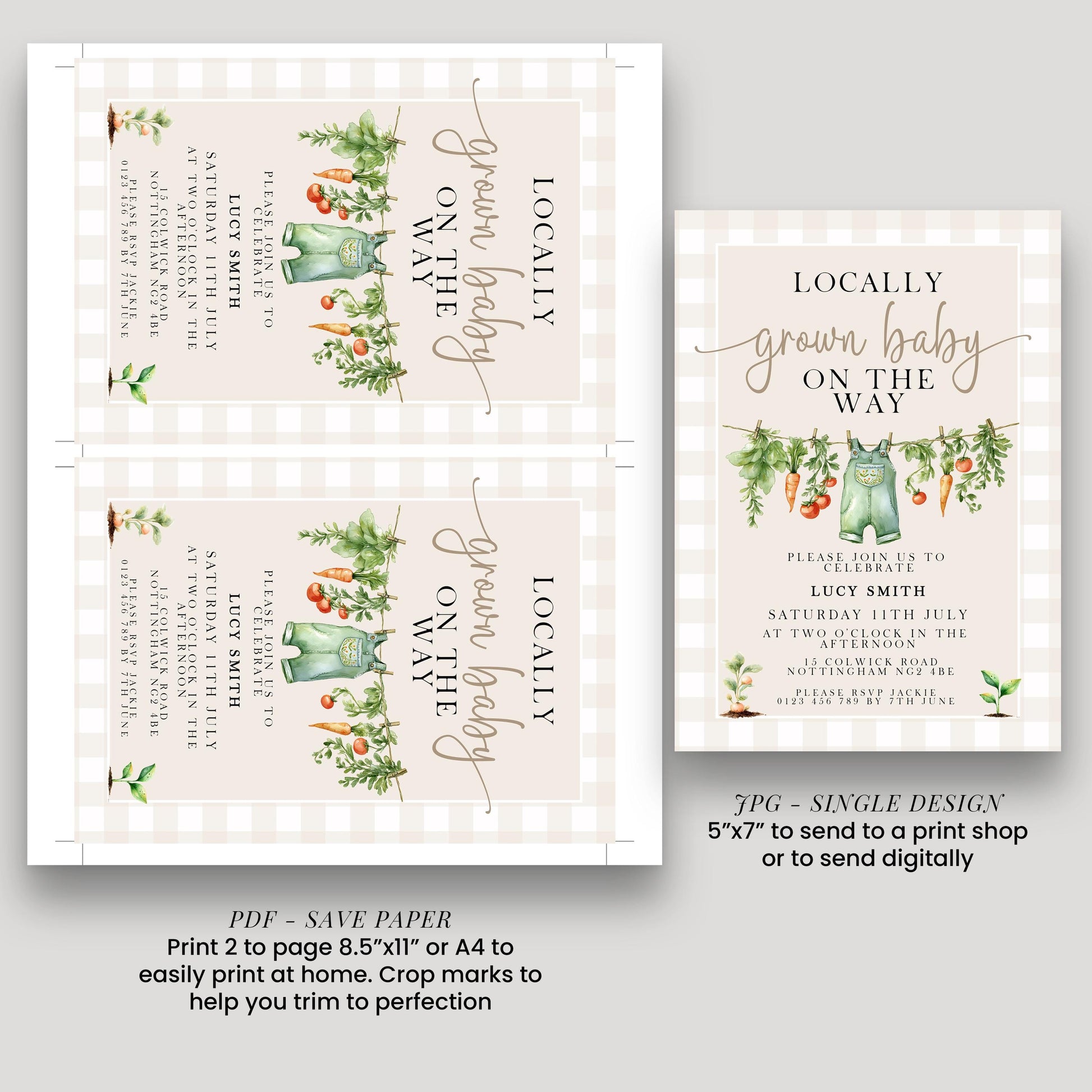 Gingham Garden Baby Shower Invitation, Veggie Theme (Printable Corjl Template)