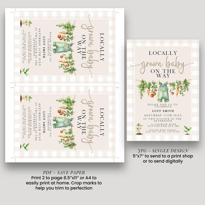 Gingham Garden Baby Shower Invitation, Veggie Theme (Printable Corjl Template)