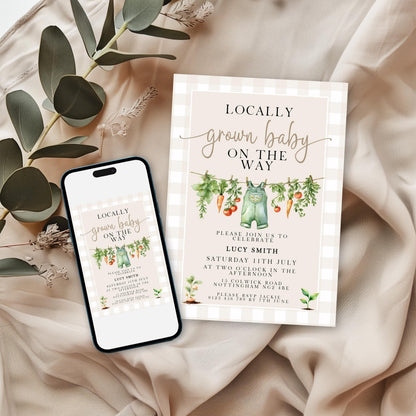 Gingham Garden Baby Shower Invitation, Veggie Theme (Printable Corjl Template)