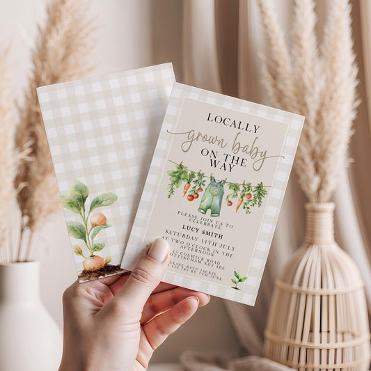 Gingham Garden Baby Shower Invitation, Veggie Theme (Printable Corjl Template)