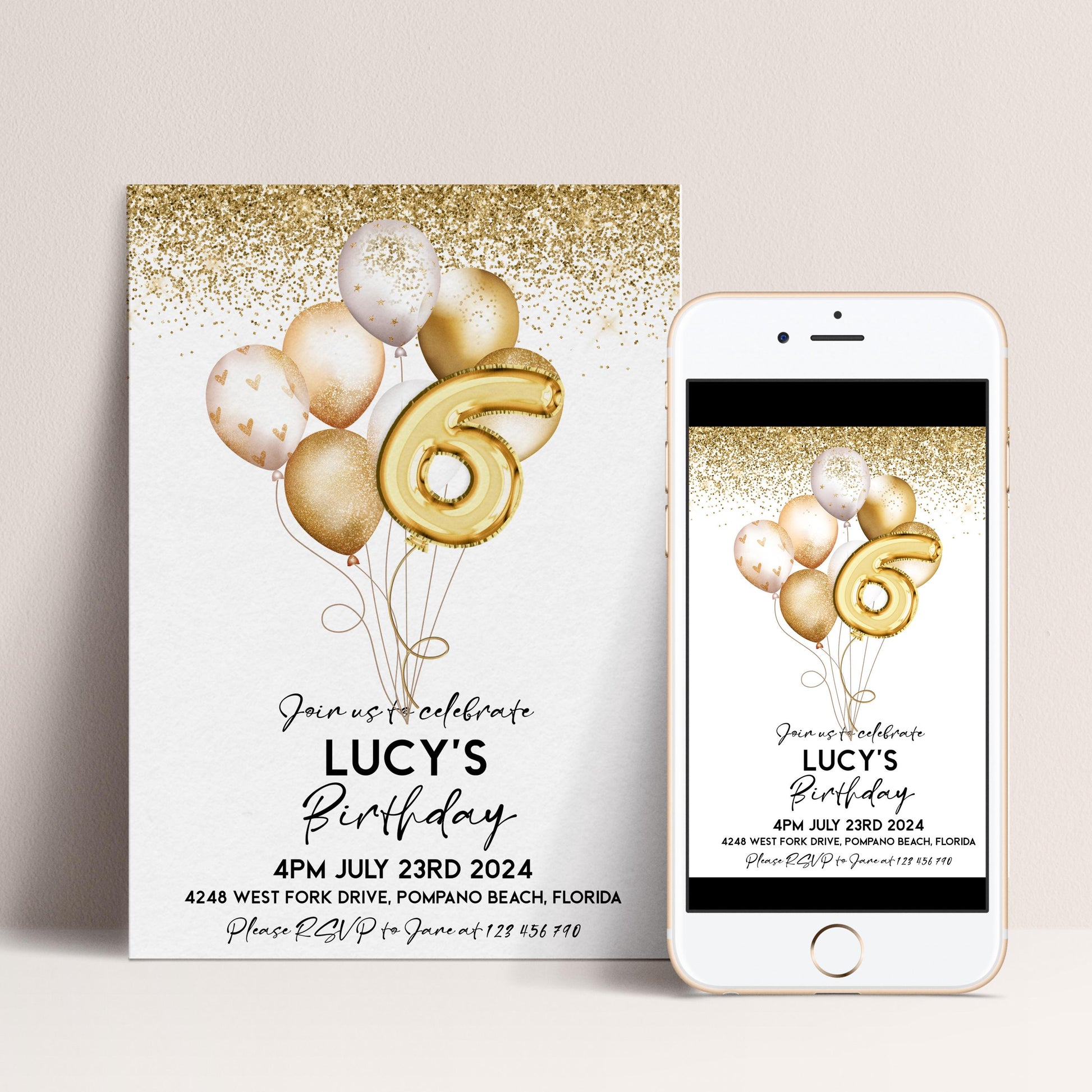 Gold 6th Birthday Invitation Balloon Editable Printable Invite Gold Glitter Instant Download Editable Template Corjl