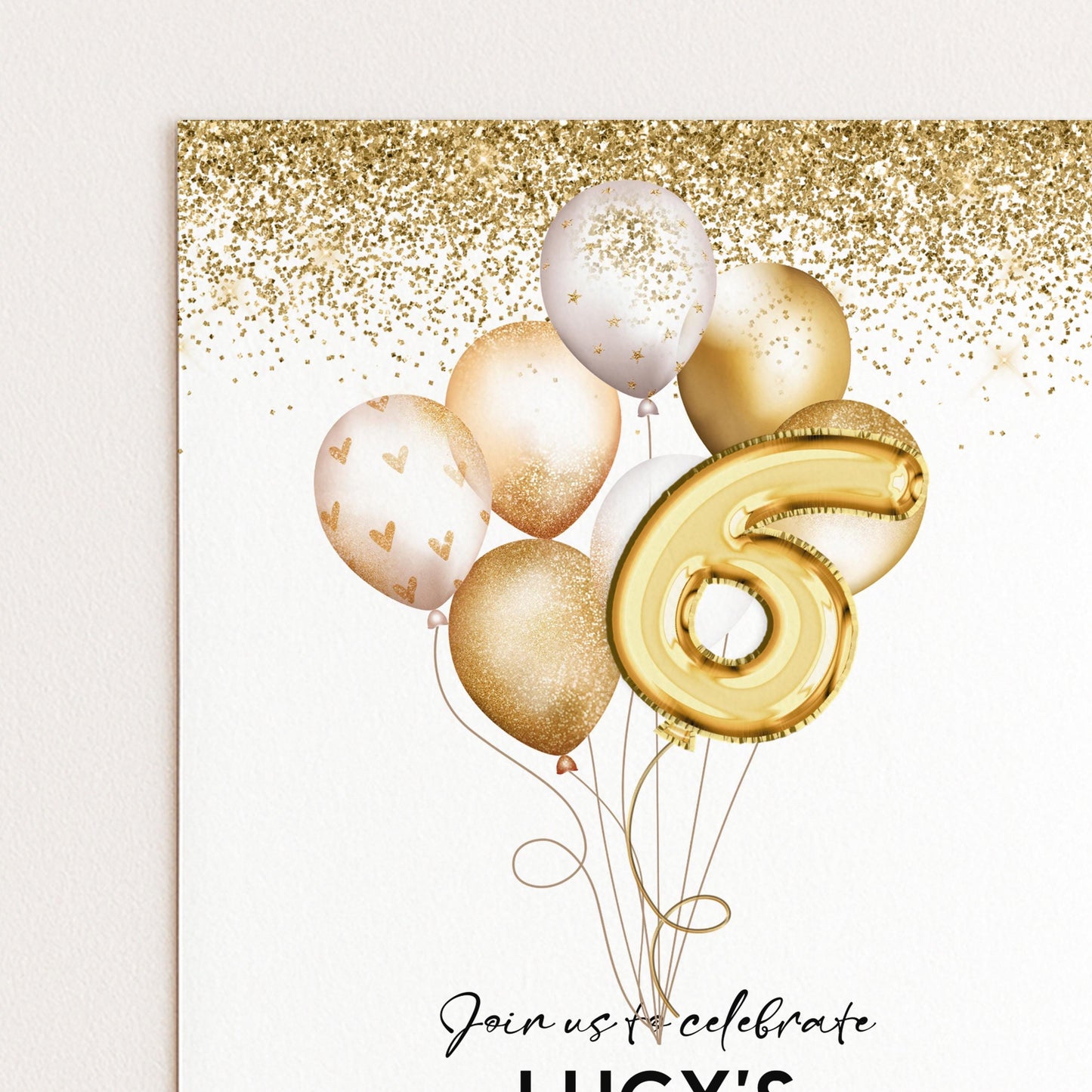Gold 6th Birthday Invitation Balloon Editable Printable Invite Gold Glitter Instant Download Editable Template Corjl