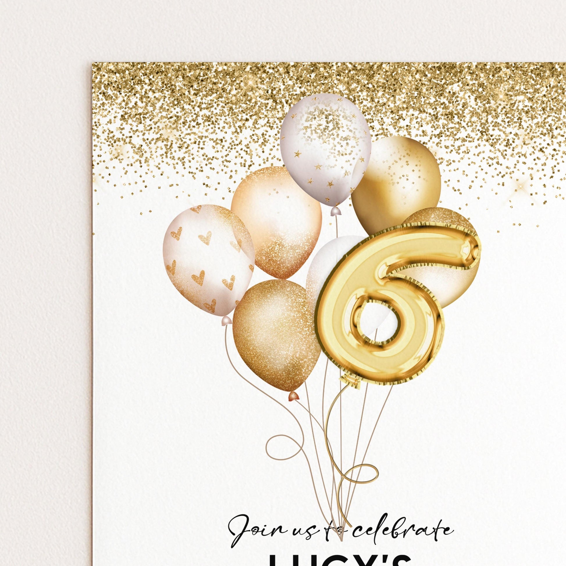 Gold 6th Birthday Invitation Balloon Editable Printable Invite Gold Glitter Instant Download Editable Template Corjl