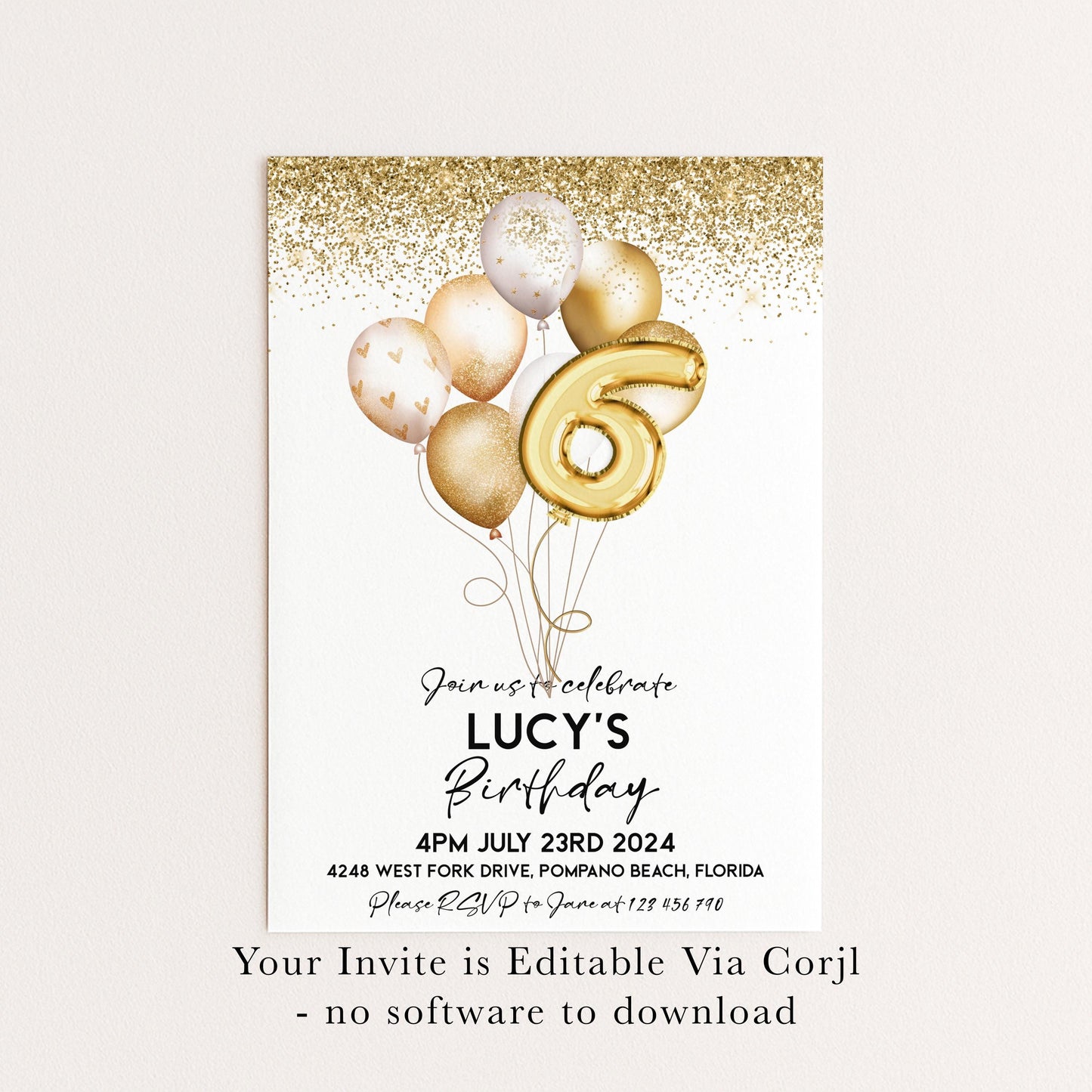 Gold 6th Birthday Invitation Balloon Editable Printable Invite Gold Glitter Instant Download Editable Template Corjl
