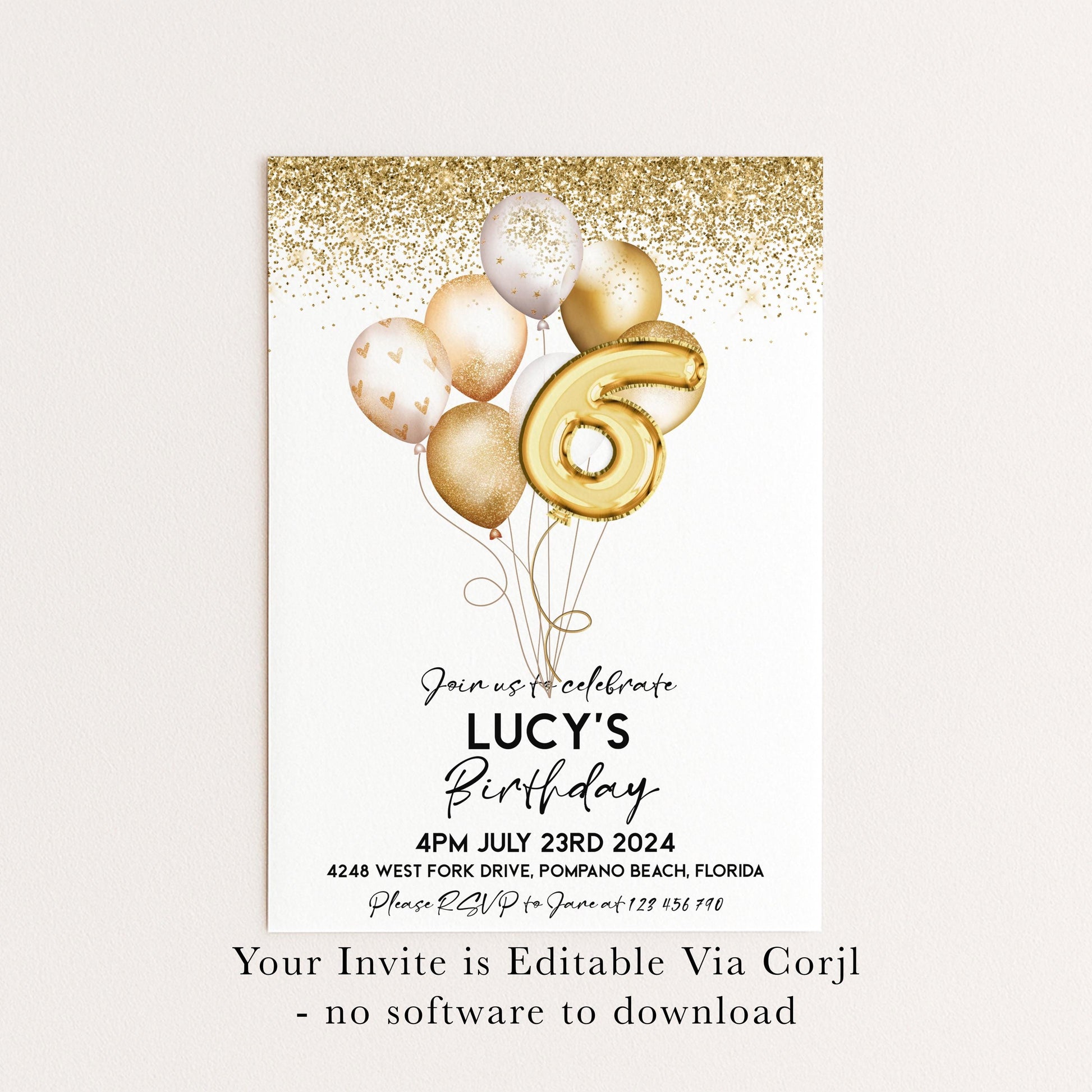 Gold 6th Birthday Invitation Balloon Editable Printable Invite Gold Glitter Instant Download Editable Template Corjl